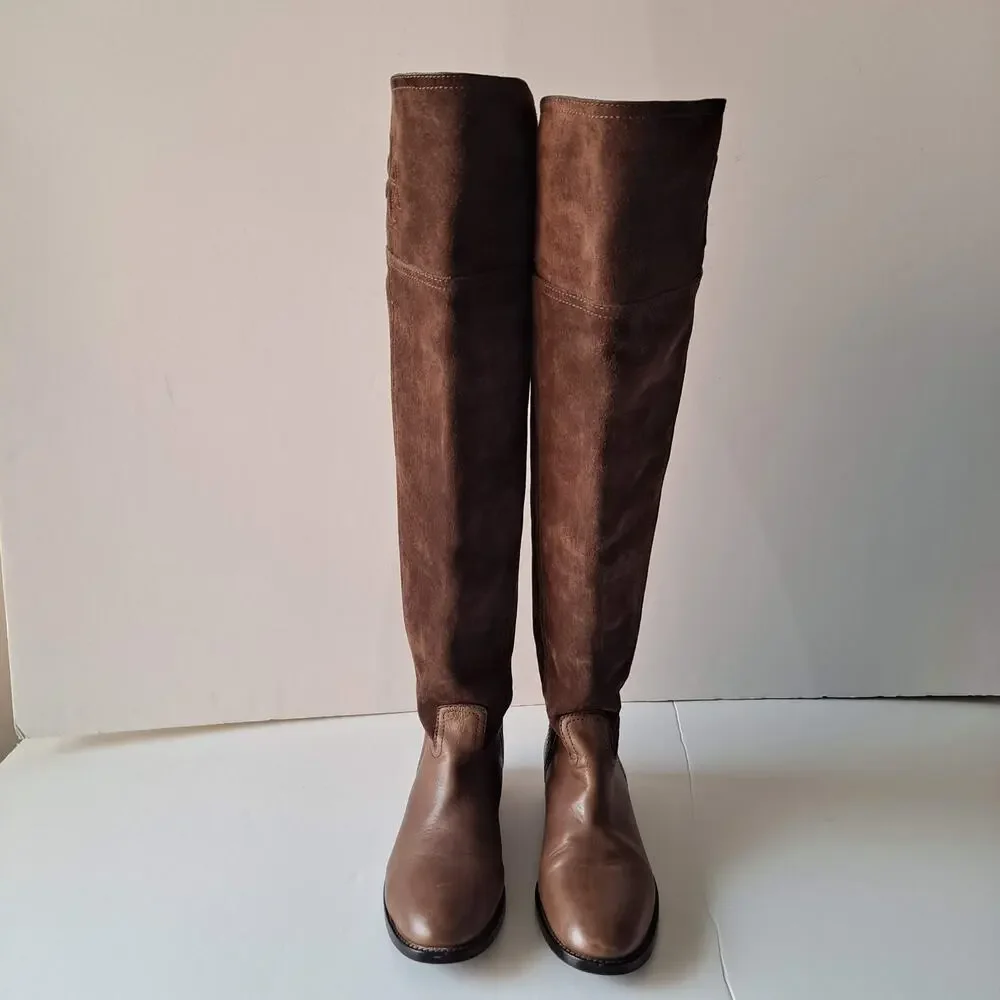 Tory Burch Brown Suede Leather Simone Over The Knee Round Toe Riding Boots Siz 6